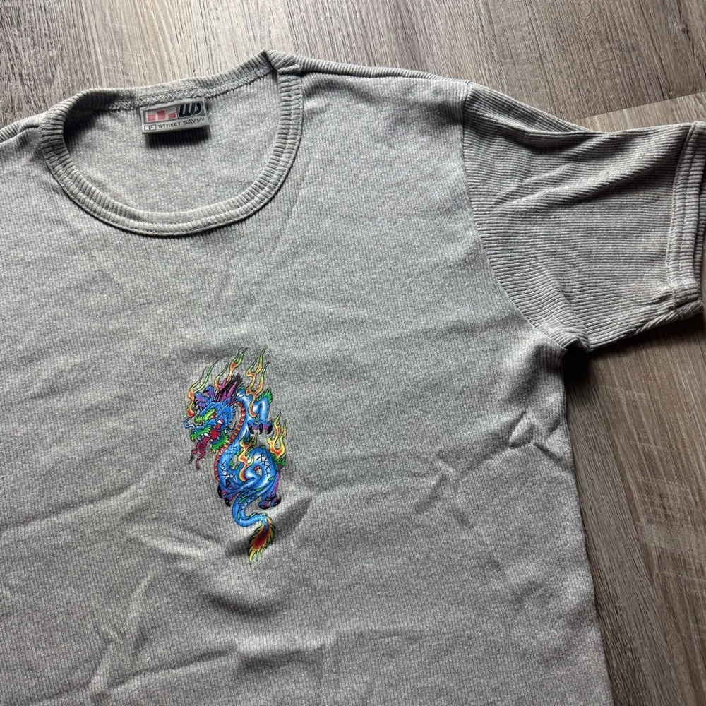 Y2k WB street savvy ultrasonic superfine Gray T-Shirt  Colorful Dragon  Mens M